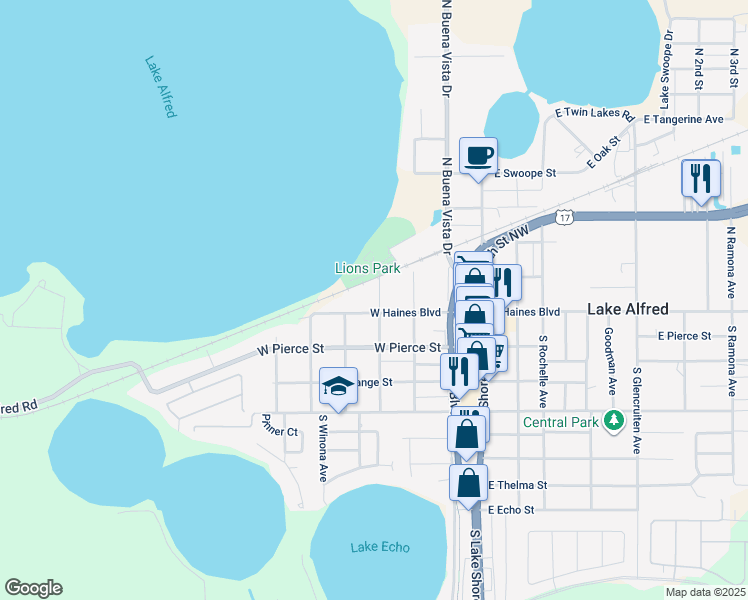map of restaurants, bars, coffee shops, grocery stores, and more near 120 North Nekoma Avenue in Lake Alfred