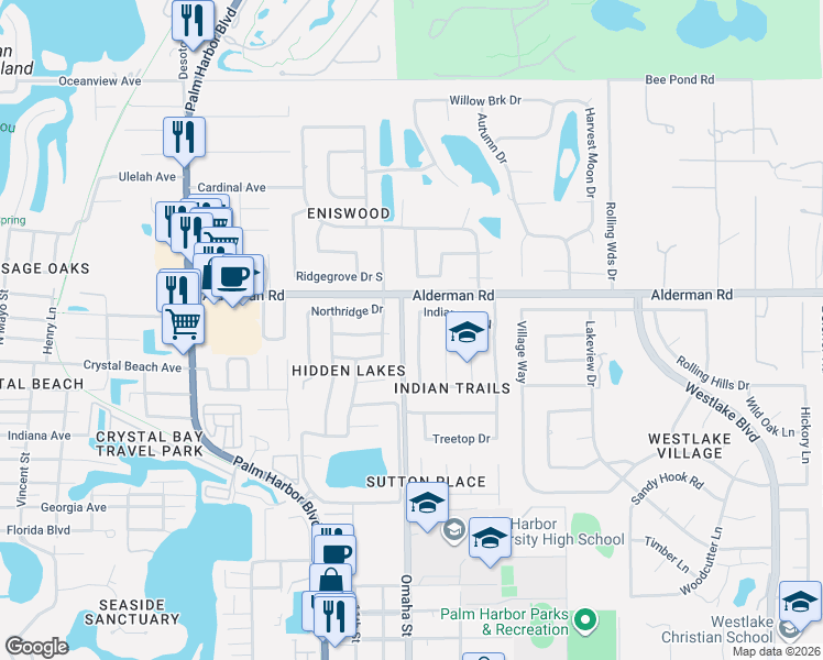 map of restaurants, bars, coffee shops, grocery stores, and more near 2206 Indian Trail West in Palm Harbor