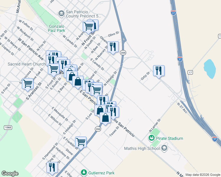map of restaurants, bars, coffee shops, grocery stores, and more near 318 North Lee Street in Mathis