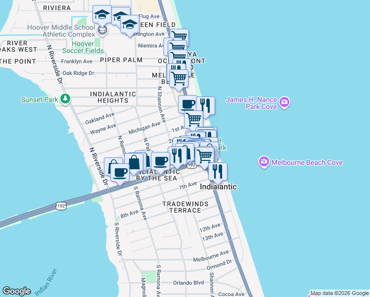 map of restaurants, bars, coffee shops, grocery stores, and more near 112 4th Avenue in Indialantic