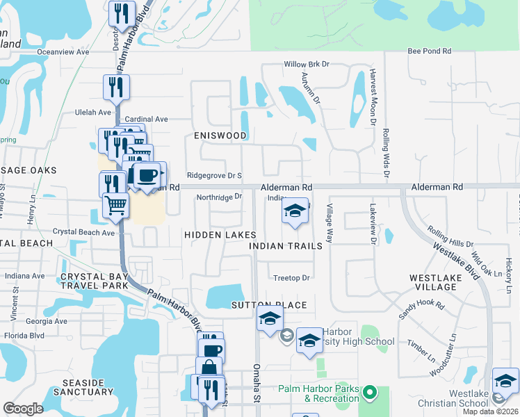 map of restaurants, bars, coffee shops, grocery stores, and more near 2448 Indian Trail West in Palm Harbor