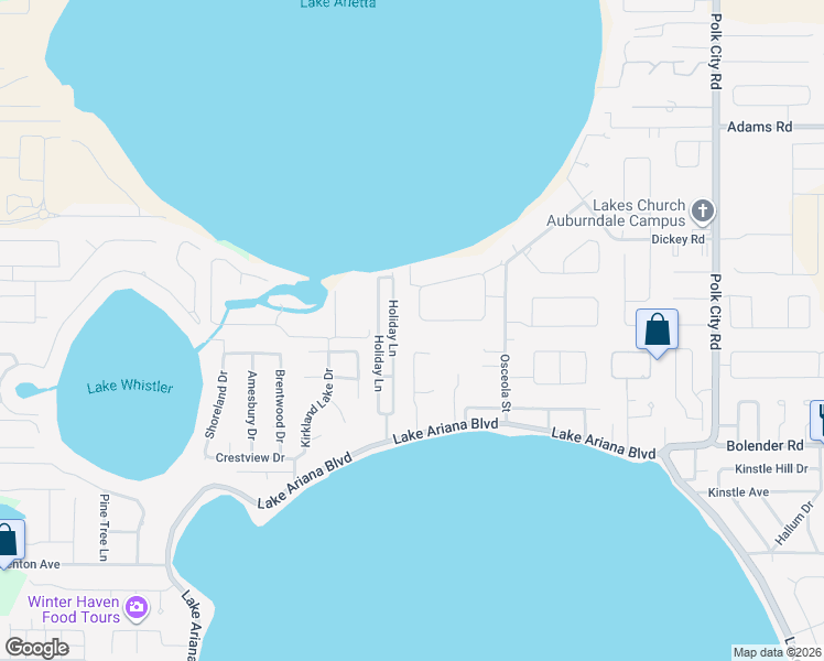 map of restaurants, bars, coffee shops, grocery stores, and more near 119 Van Fleet Court in Auburndale