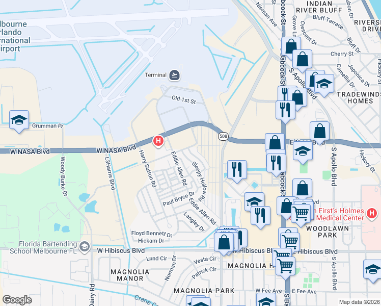 map of restaurants, bars, coffee shops, grocery stores, and more near 1101-1131 Sleepy Hollow Road in Melbourne