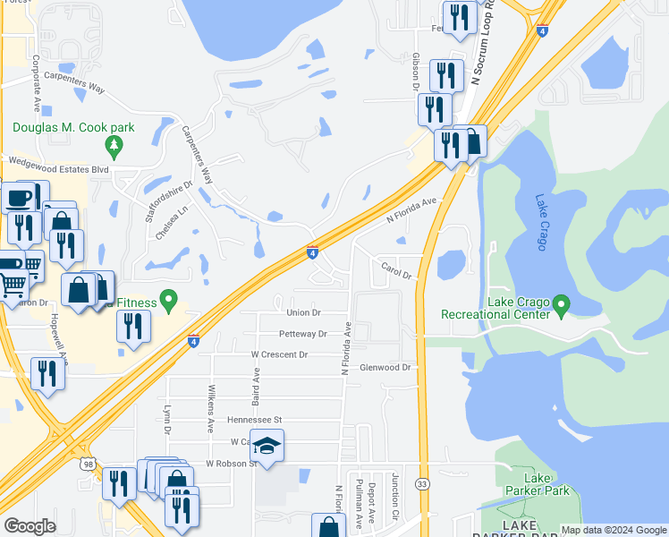 map of restaurants, bars, coffee shops, grocery stores, and more near Carpenters Way in Lakeland