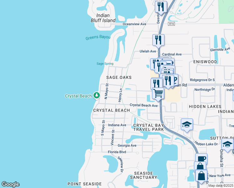 map of restaurants, bars, coffee shops, grocery stores, and more near 509 Ontario Avenue in Palm Harbor