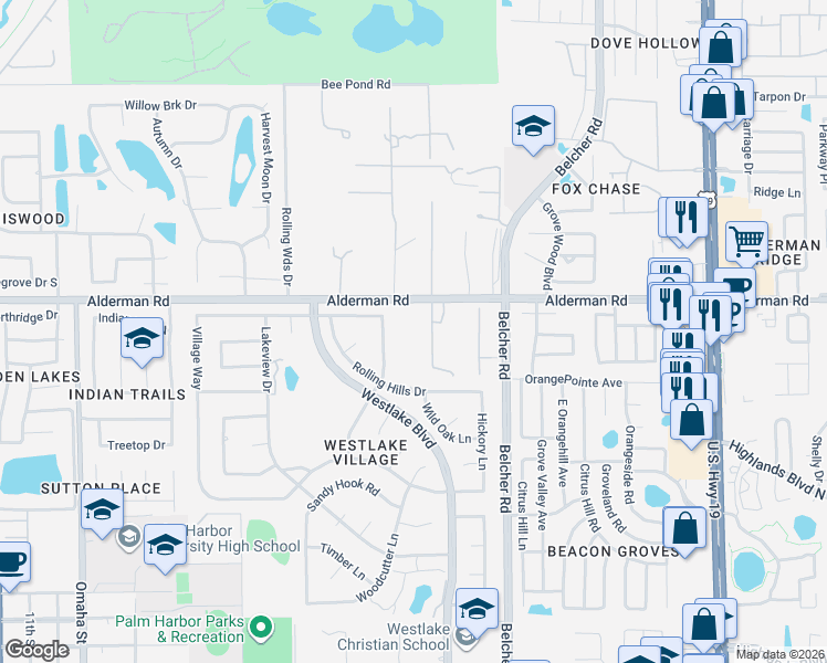map of restaurants, bars, coffee shops, grocery stores, and more near 930 Pine Hill Road in Palm Harbor