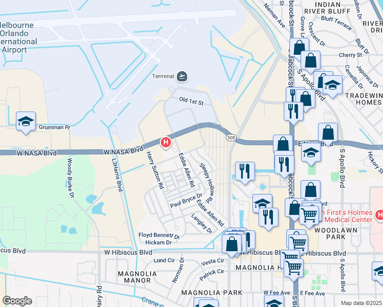 map of restaurants, bars, coffee shops, grocery stores, and more near 1101 Sleepy Hollow Road in Melbourne