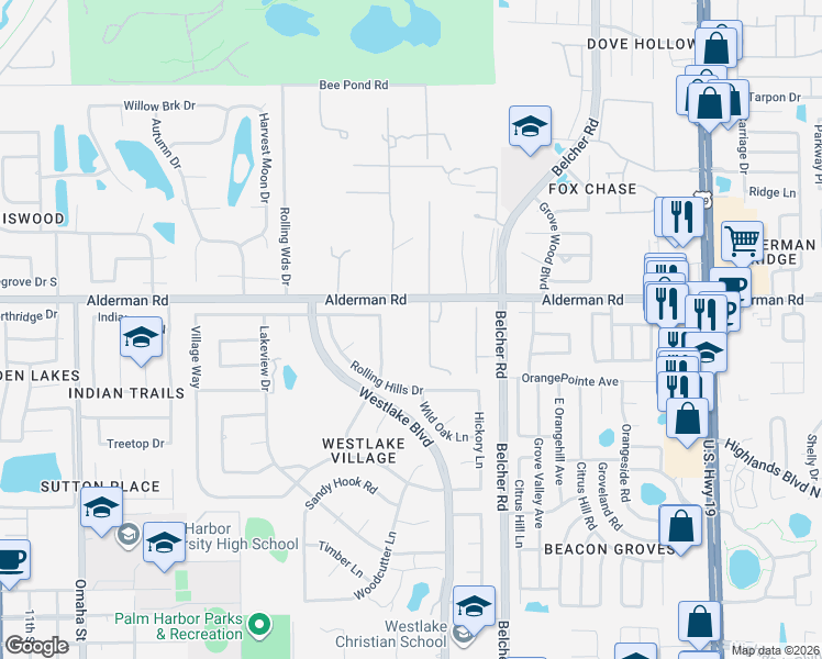 map of restaurants, bars, coffee shops, grocery stores, and more near 967 Pine Hill Road in Palm Harbor