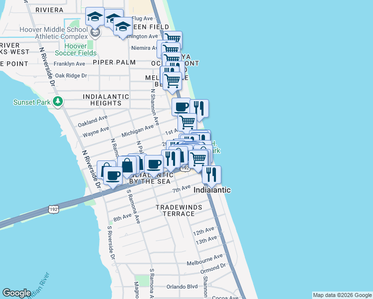 map of restaurants, bars, coffee shops, grocery stores, and more near 112 4th Avenue in Indialantic