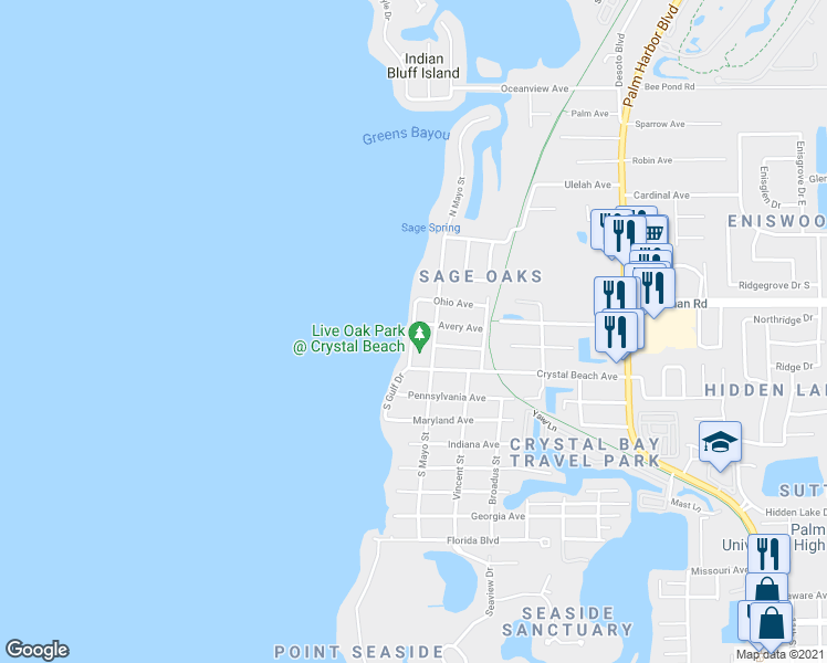 map of restaurants, bars, coffee shops, grocery stores, and more near 299 North Gulf Drive in Palm Harbor