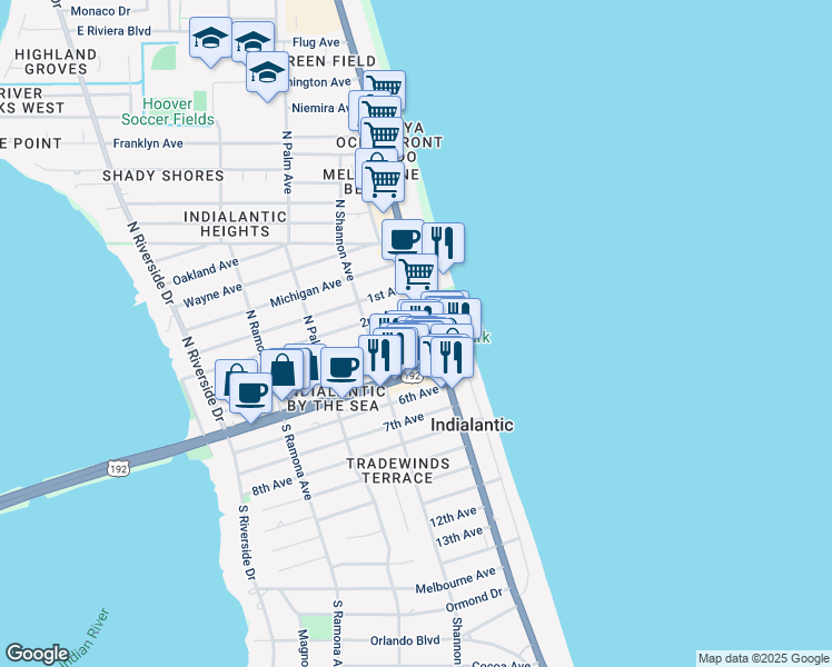 map of restaurants, bars, coffee shops, grocery stores, and more near 105 3rd Avenue in Indialantic