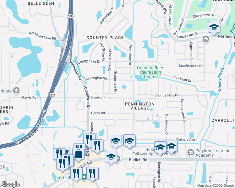 map of restaurants, bars, coffee shops, grocery stores, and more near 15737 Scrimshaw Drive in Tampa