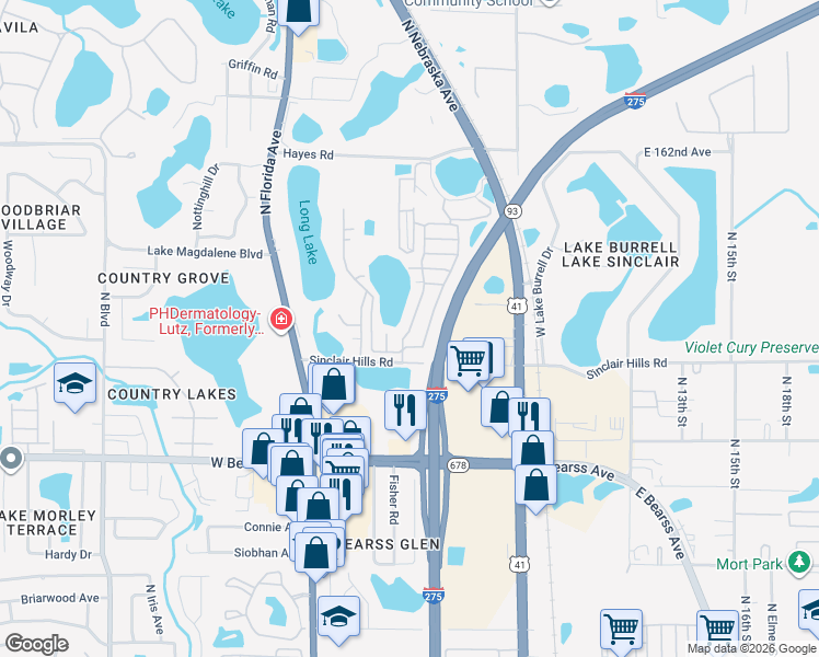 map of restaurants, bars, coffee shops, grocery stores, and more near 404 Sinclair Hills Road in Tampa