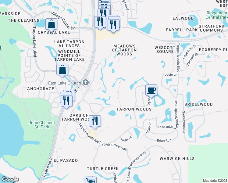 map of restaurants, bars, coffee shops, grocery stores, and more near 20 Cherrywood Court in Palm Harbor