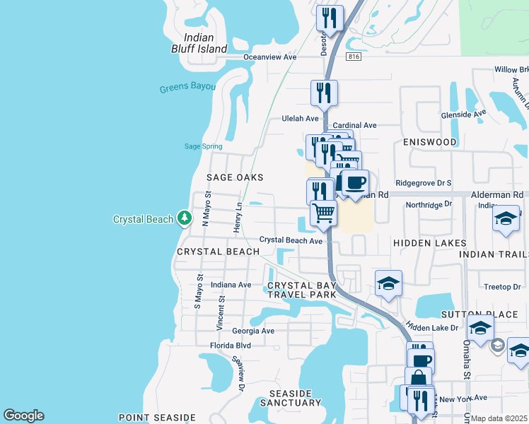 map of restaurants, bars, coffee shops, grocery stores, and more near 306 Ontario Avenue in Palm Harbor