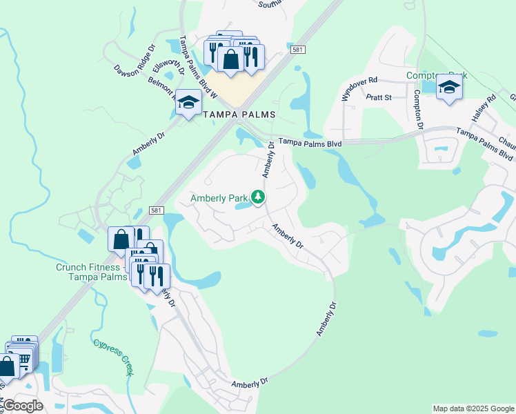 map of restaurants, bars, coffee shops, grocery stores, and more near 15823-15885 Amberly Drive in Tampa