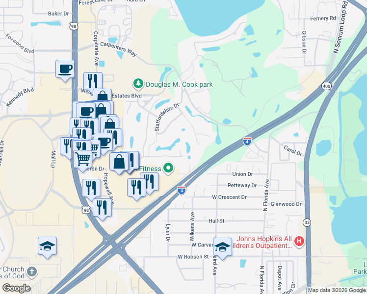 map of restaurants, bars, coffee shops, grocery stores, and more near 639 Rockingham Road in Lakeland