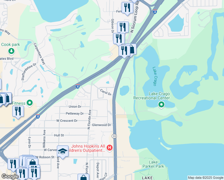 map of restaurants, bars, coffee shops, grocery stores, and more near 4012 Lakeland Hills Boulevard in Lakeland
