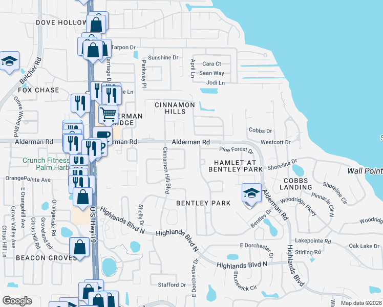 map of restaurants, bars, coffee shops, grocery stores, and more near 2620 Bentley Drive in Palm Harbor