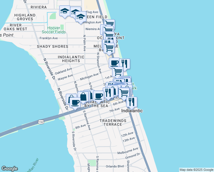 map of restaurants, bars, coffee shops, grocery stores, and more near 351 North Shannon Avenue in Indialantic