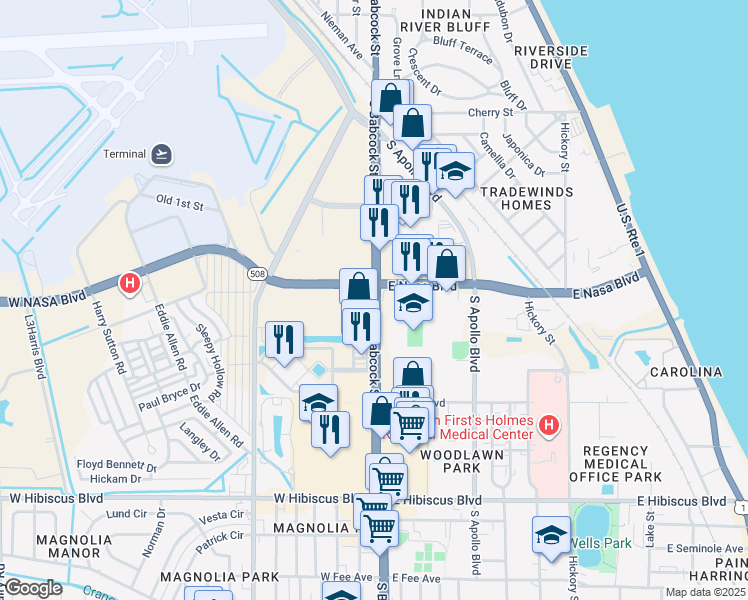 map of restaurants, bars, coffee shops, grocery stores, and more near 1032-1082 South Babcock Street in Melbourne