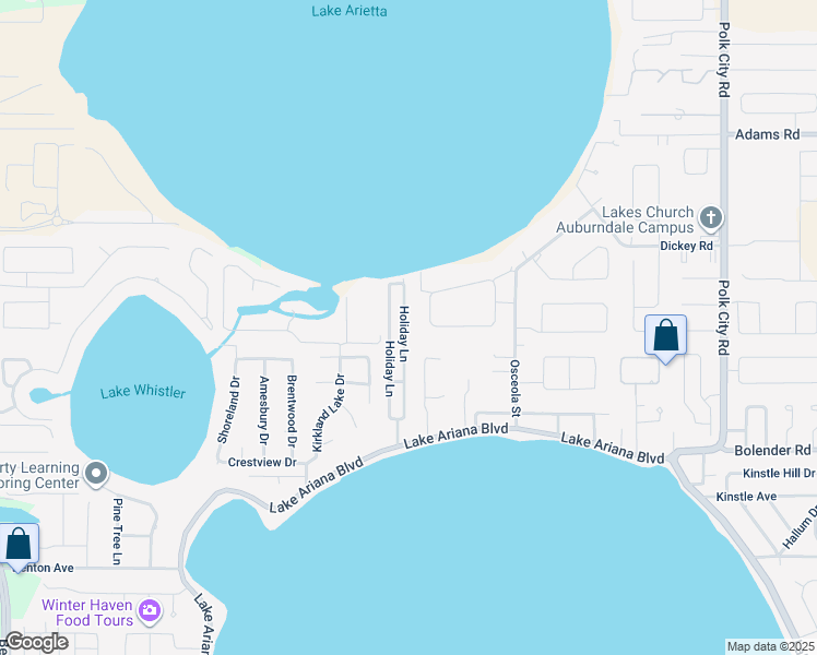 map of restaurants, bars, coffee shops, grocery stores, and more near 119 Van Fleet Court in Auburndale