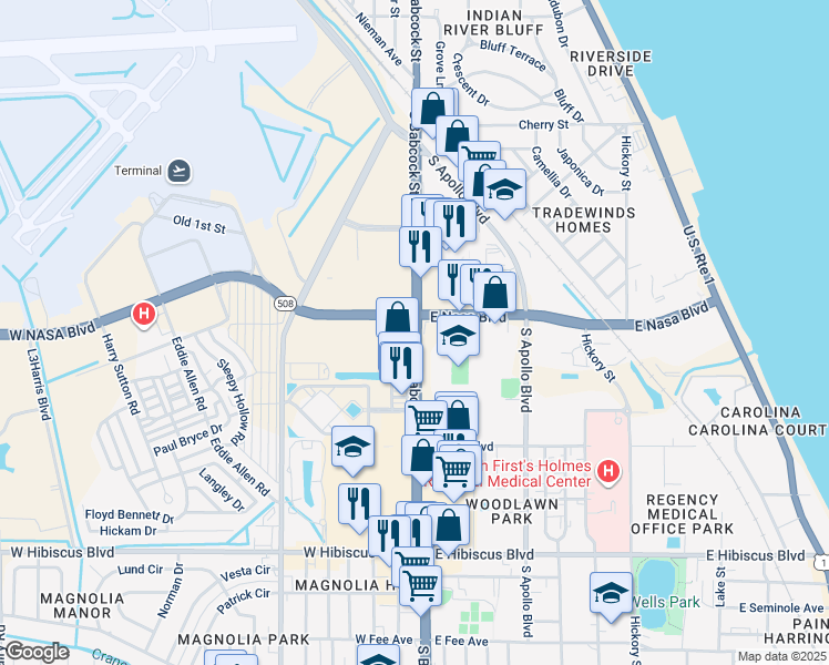 map of restaurants, bars, coffee shops, grocery stores, and more near 1032 South Babcock Street in Melbourne