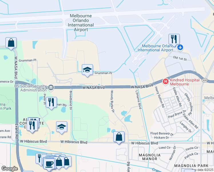 map of restaurants, bars, coffee shops, grocery stores, and more near 1050 West NASA Boulevard in Melbourne