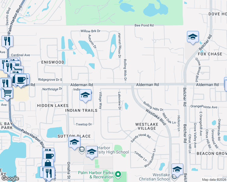 map of restaurants, bars, coffee shops, grocery stores, and more near 862 Pinewood Terrace West in Palm Harbor