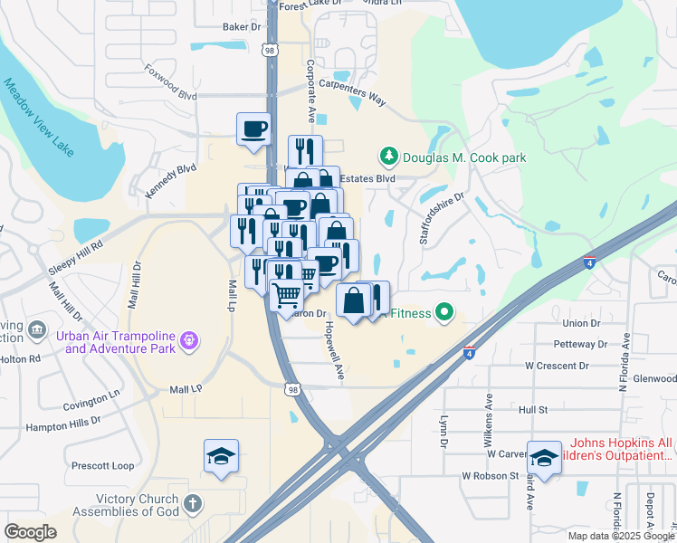 map of restaurants, bars, coffee shops, grocery stores, and more near 4011 US Highway 98 North in Lakeland