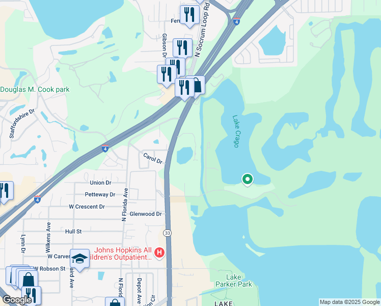 map of restaurants, bars, coffee shops, grocery stores, and more near 4145 Lakeland Hills Boulevard in Lakeland