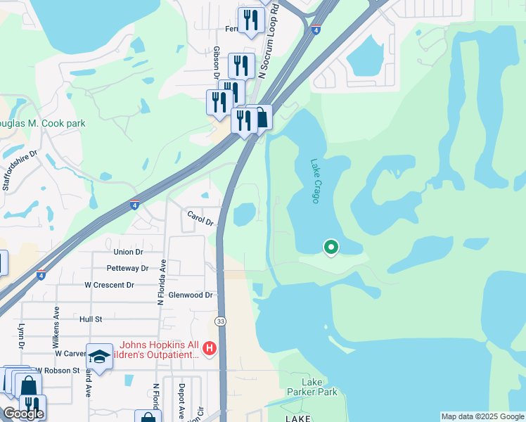 map of restaurants, bars, coffee shops, grocery stores, and more near 4145 Lakeland Hills Boulevard in Lakeland