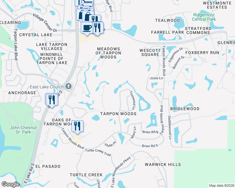 map of restaurants, bars, coffee shops, grocery stores, and more near 2234 Toniwood Lane in Palm Harbor