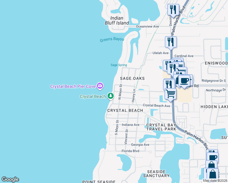 map of restaurants, bars, coffee shops, grocery stores, and more near 299 North Gulf Drive in Palm Harbor