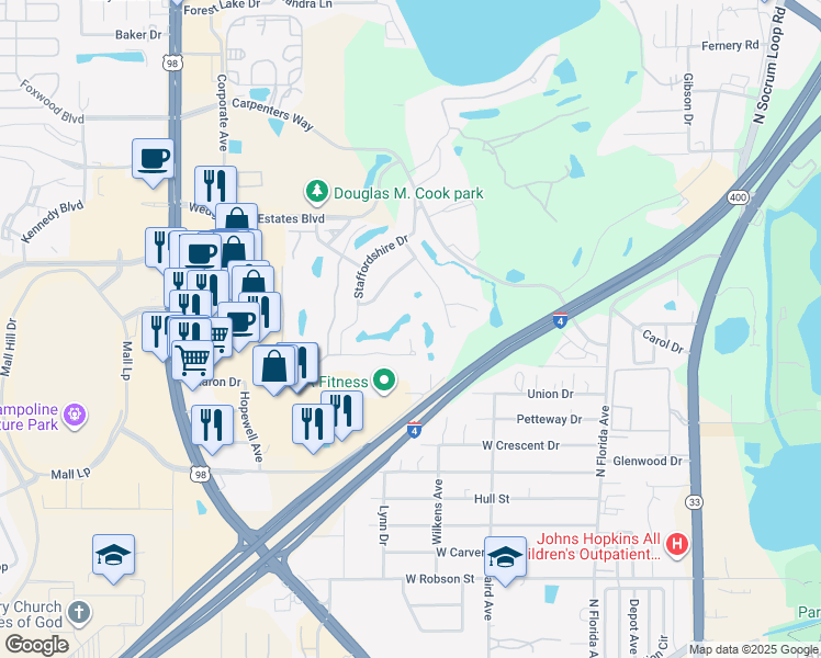 map of restaurants, bars, coffee shops, grocery stores, and more near 601 Rockingham Road in Lakeland