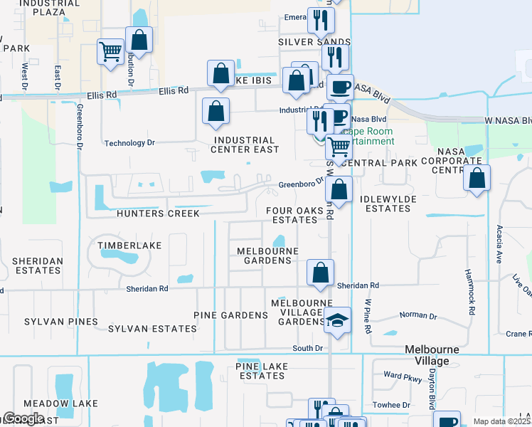map of restaurants, bars, coffee shops, grocery stores, and more near 7201 Greenboro Drive in West Melbourne