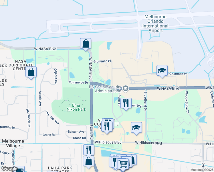 map of restaurants, bars, coffee shops, grocery stores, and more near 2000 West NASA Boulevard in Melbourne