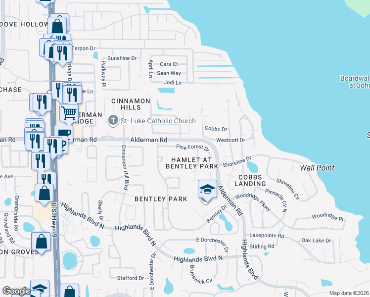 map of restaurants, bars, coffee shops, grocery stores, and more near 3129 Pine Forest Drive in Palm Harbor