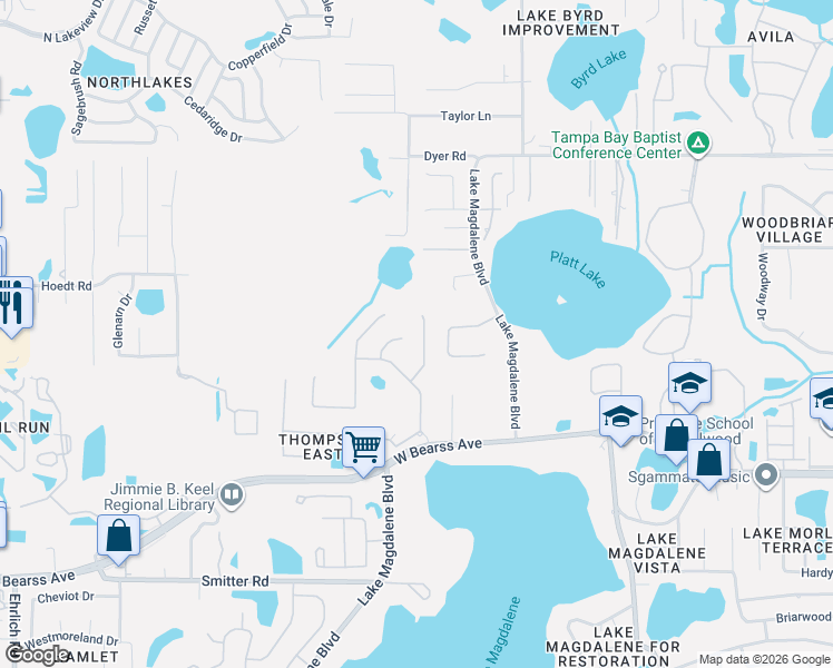 map of restaurants, bars, coffee shops, grocery stores, and more near 2103 Chestnut Forest Drive in Tampa