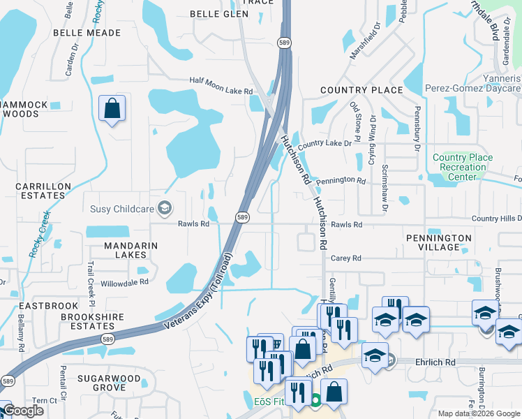 map of restaurants, bars, coffee shops, grocery stores, and more near 5433 Turtle Crossing Loop in Tampa