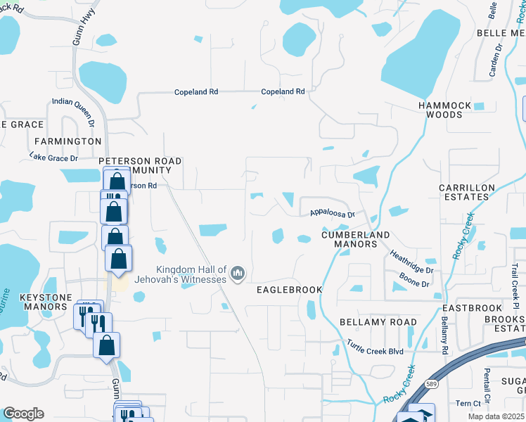 map of restaurants, bars, coffee shops, grocery stores, and more near 6711 Frontier Lane in Tampa