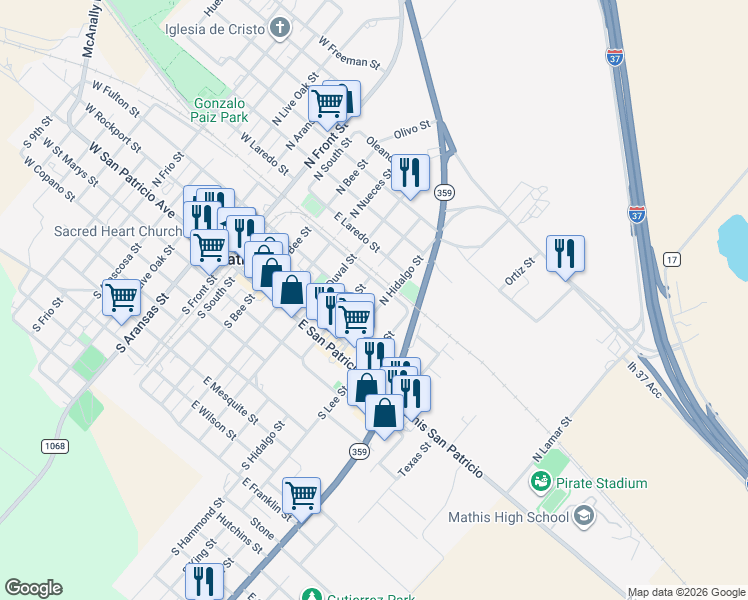 map of restaurants, bars, coffee shops, grocery stores, and more near 312 North Encinal Street in Mathis