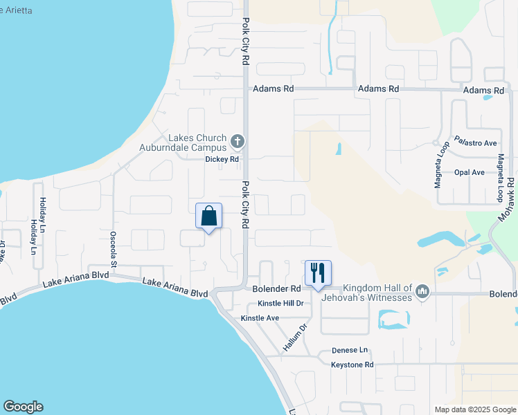 map of restaurants, bars, coffee shops, grocery stores, and more near 102 Brighton Way in Auburndale