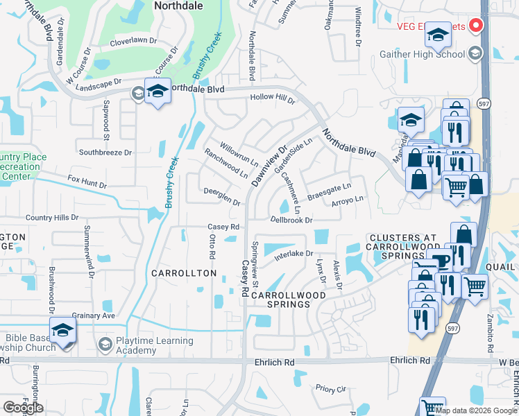map of restaurants, bars, coffee shops, grocery stores, and more near 15605 Garden Side Lane in Tampa