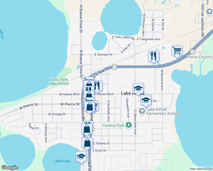 map of restaurants, bars, coffee shops, grocery stores, and more near 260 East Pomelo Street in Lake Alfred