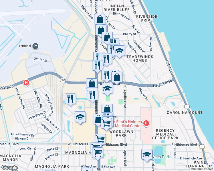 map of restaurants, bars, coffee shops, grocery stores, and more near 55 East Nasa Boulevard in Melbourne