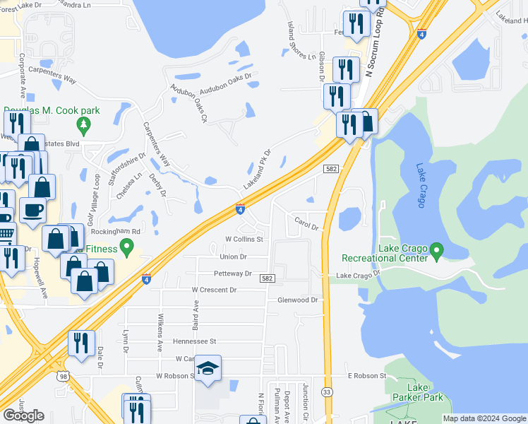 map of restaurants, bars, coffee shops, grocery stores, and more near 249 Carpenters Way in Lakeland