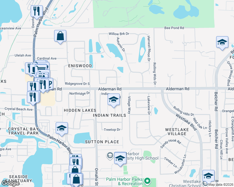 map of restaurants, bars, coffee shops, grocery stores, and more near 2494 Indian Trail North in Palm Harbor