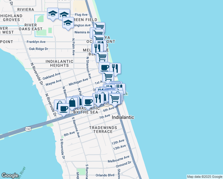 map of restaurants, bars, coffee shops, grocery stores, and more near 308 North Miramar Avenue in Indialantic