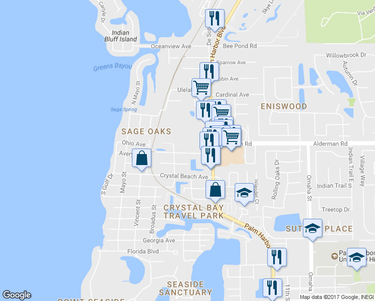 map of restaurants, bars, coffee shops, grocery stores, and more near 200 Avery Avenue in Palm Harbor